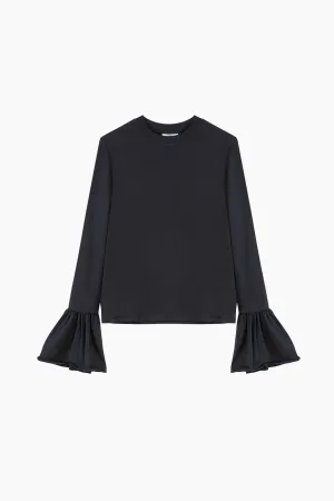 Ruffled Long Sleeve Stretch Cotton Jersey T-shirt in Black
