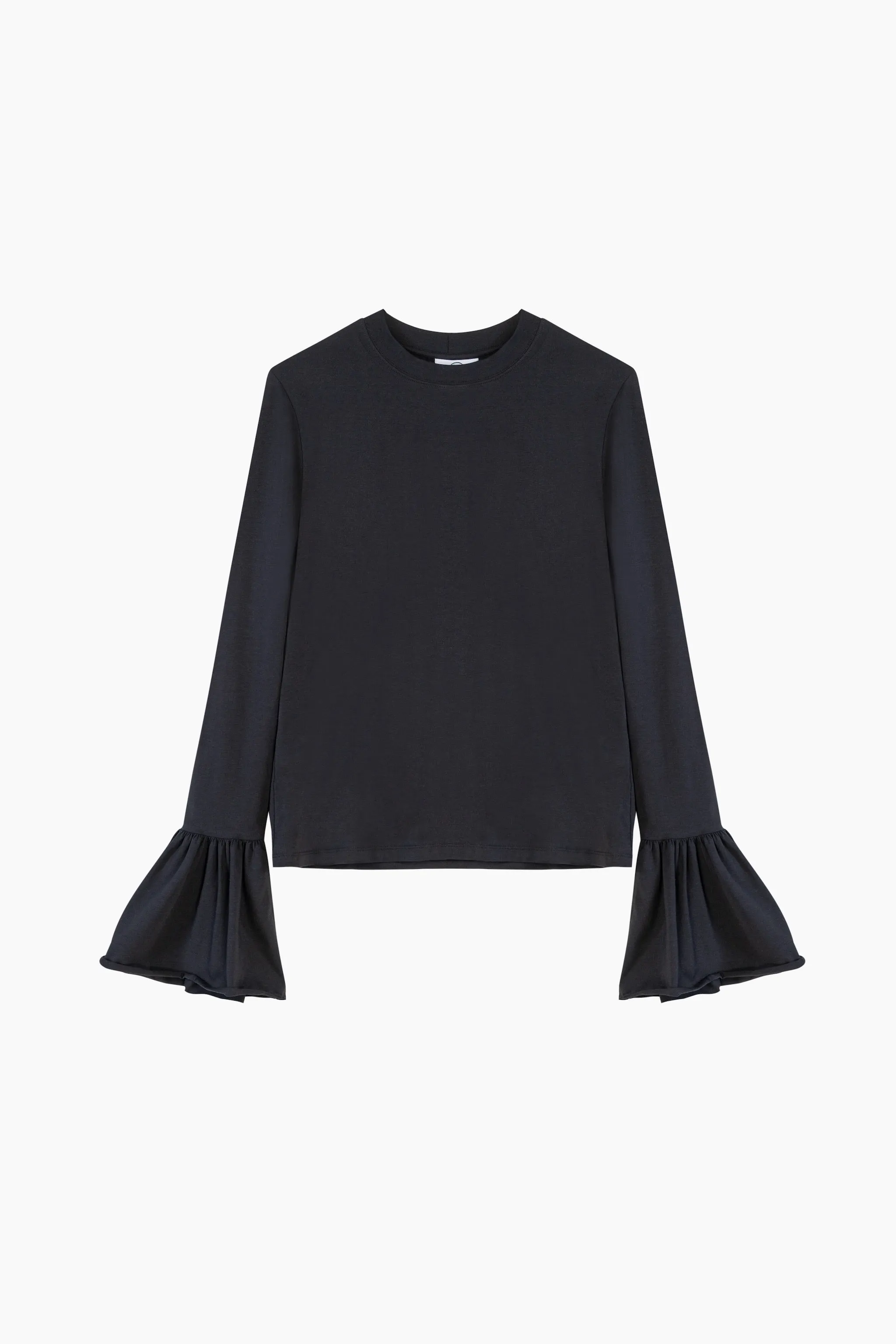 Ruffled Long Sleeve Stretch Cotton Jersey T-shirt in Black