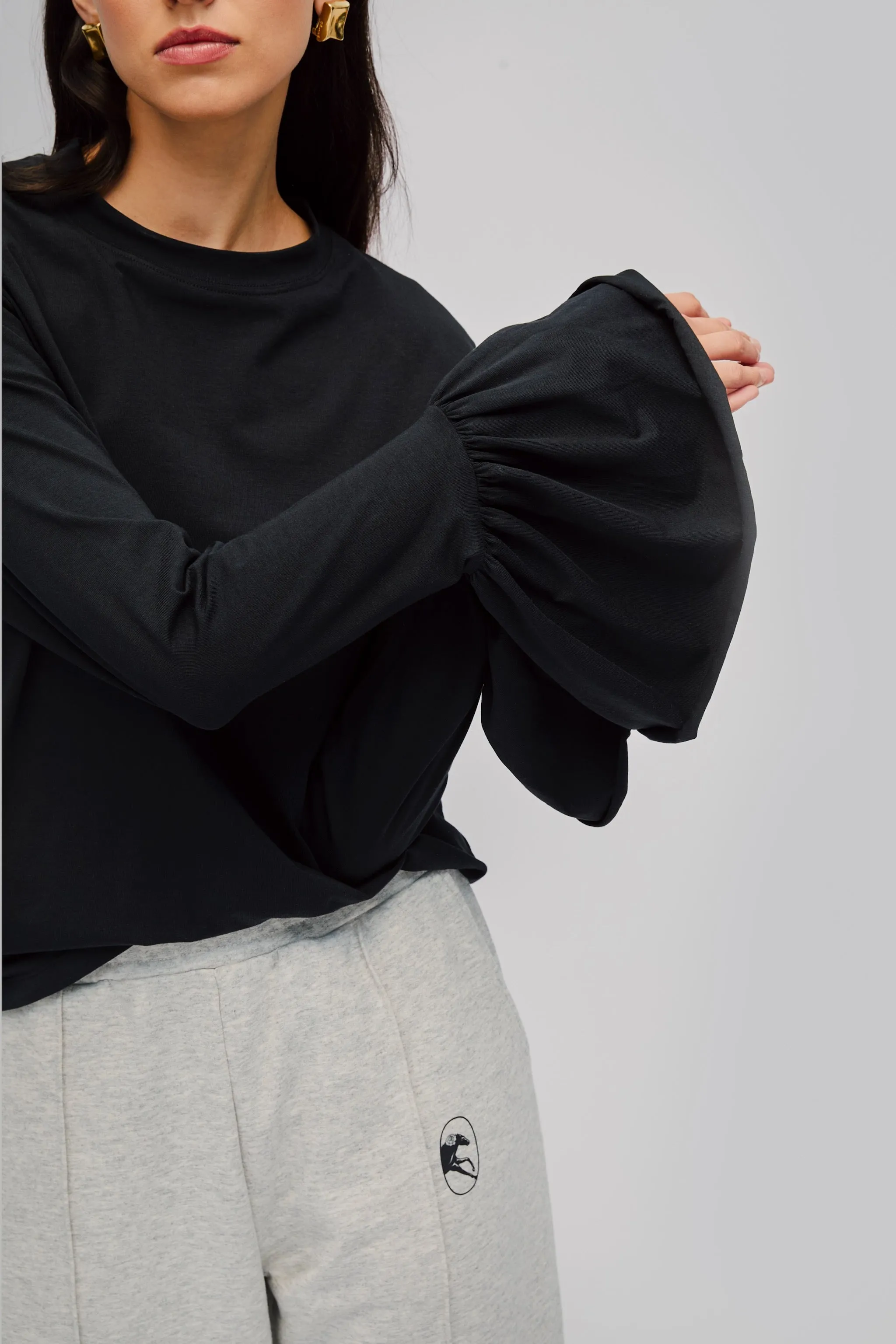 Ruffled Long Sleeve Stretch Cotton Jersey T-shirt in Black