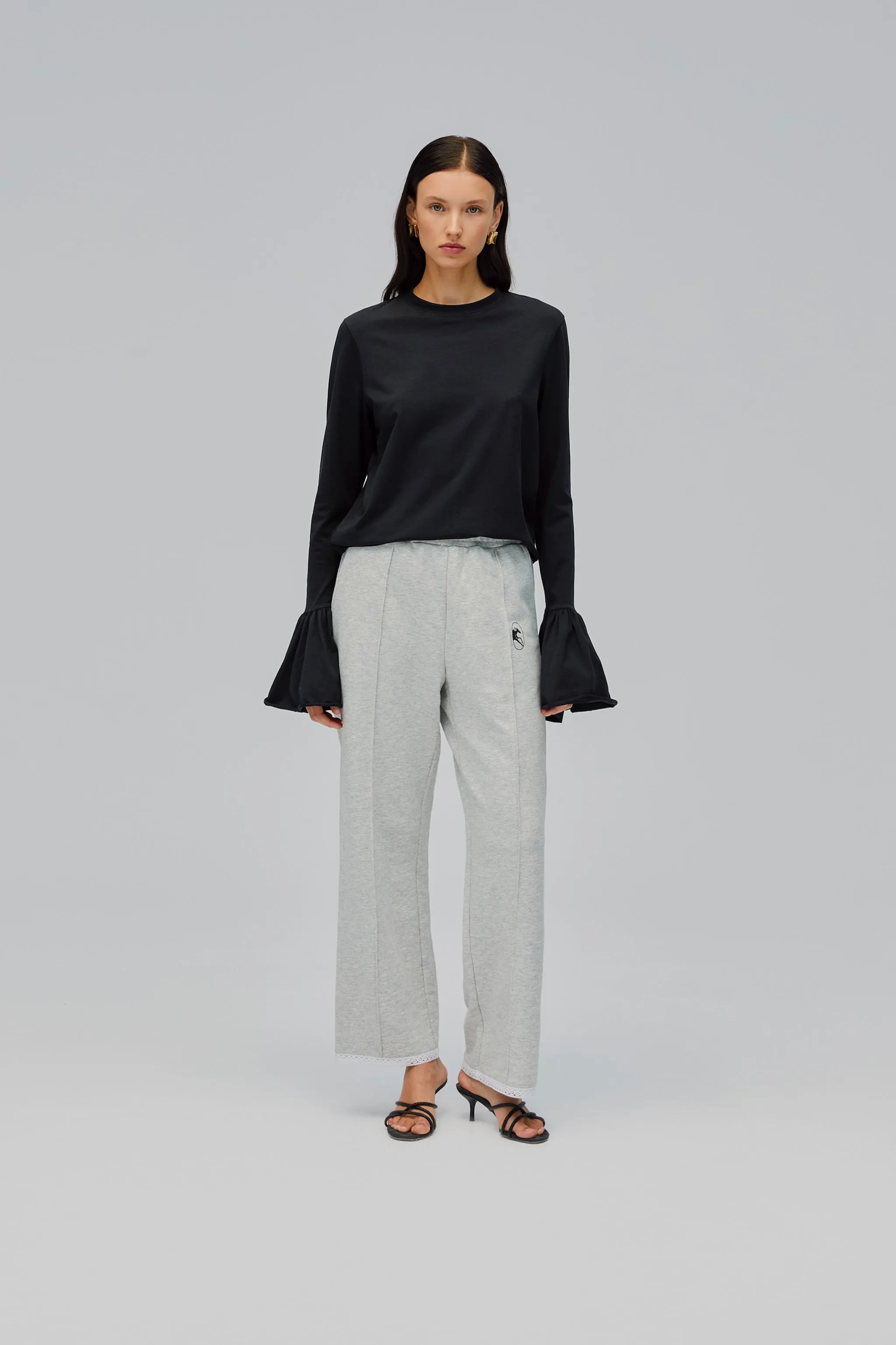 Ruffled Long Sleeve Stretch Cotton Jersey T-shirt in Black