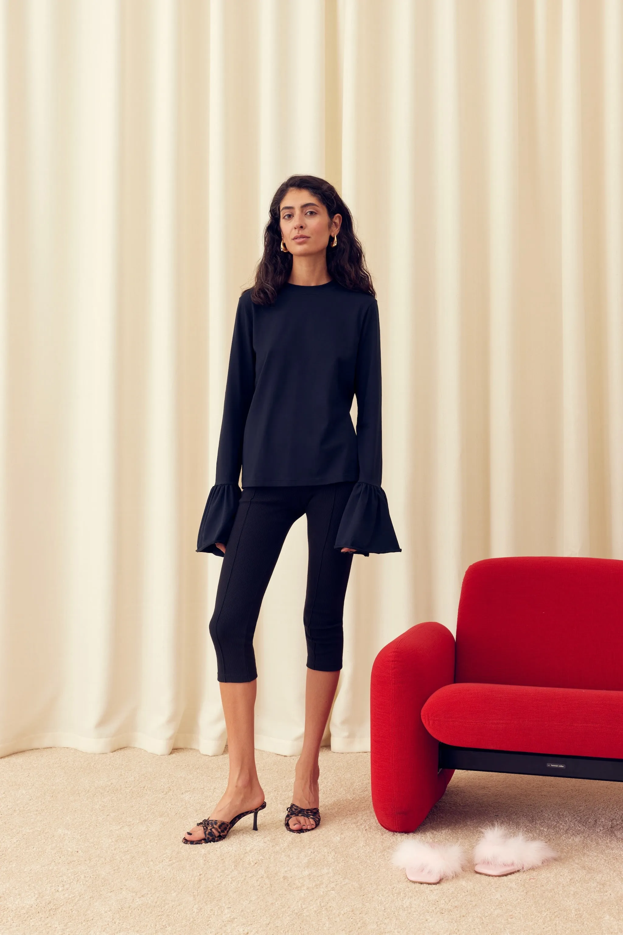 Ruffled Long Sleeve Stretch Cotton Jersey T-shirt in Black