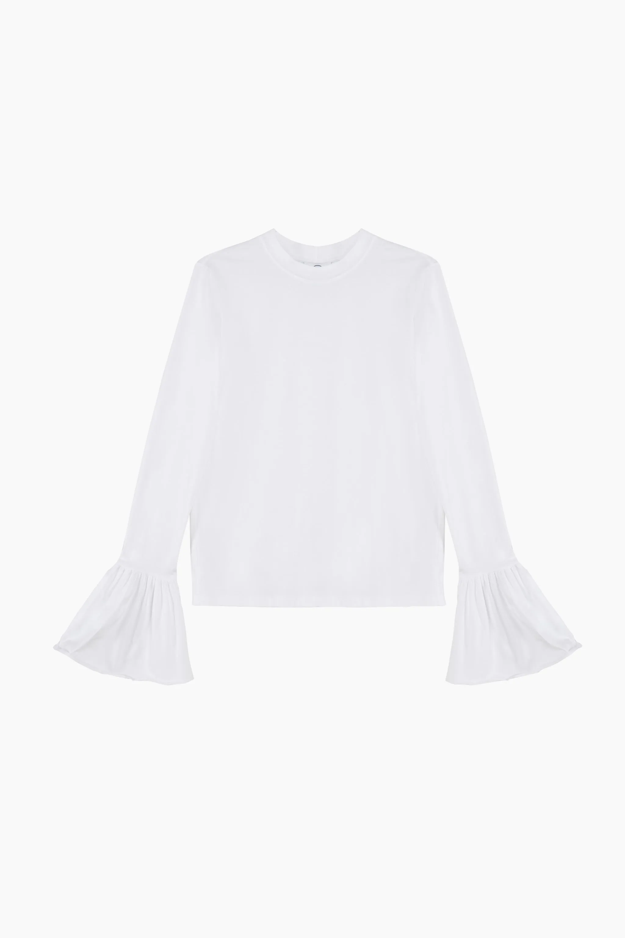 Ruffled Long Sleeve Stretch Cotton Jersey T-shirt in White