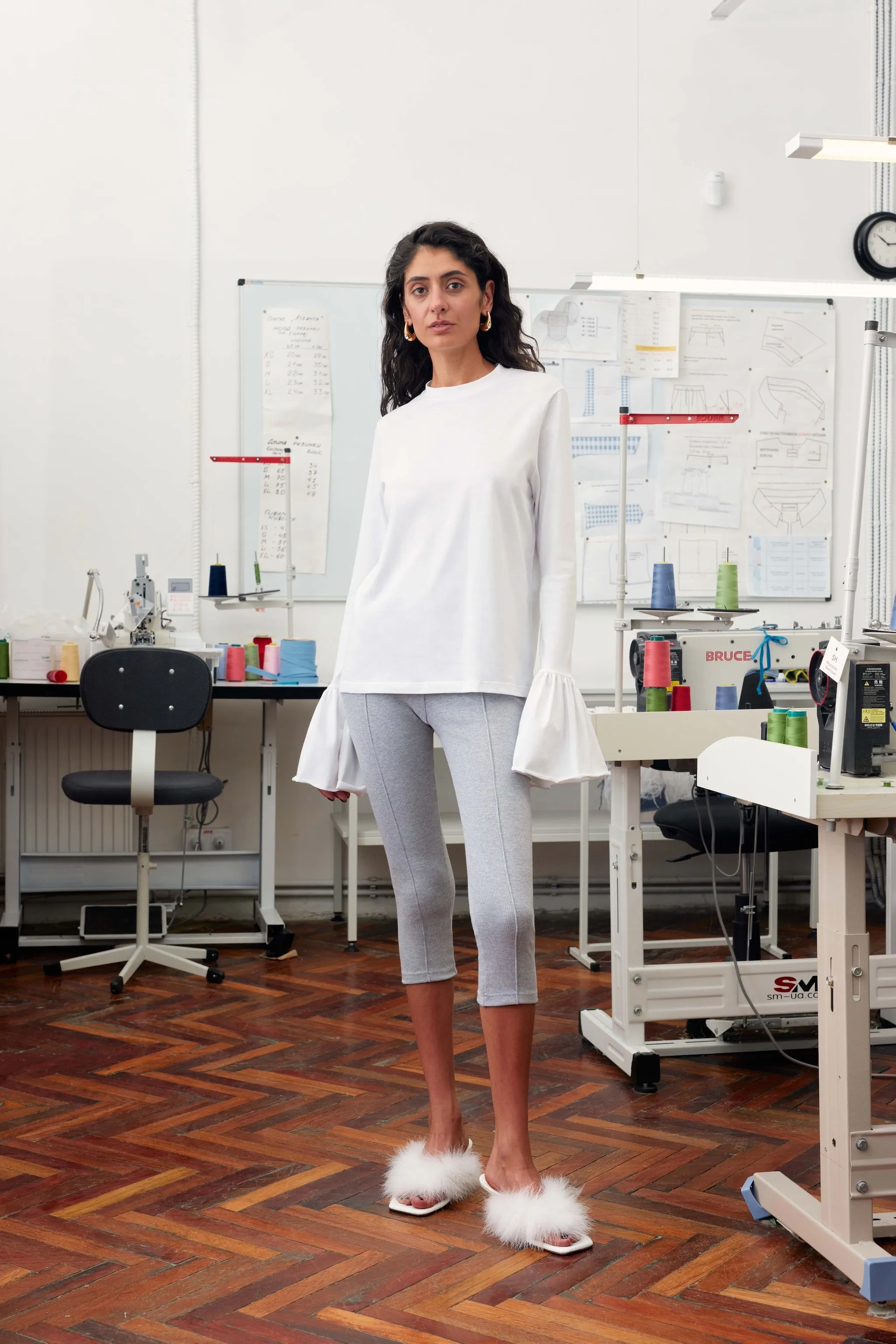 Ruffled Long Sleeve Stretch Cotton Jersey T-shirt in White