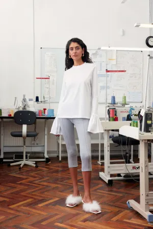 Ruffled Long Sleeve Stretch Cotton Jersey T-shirt in White