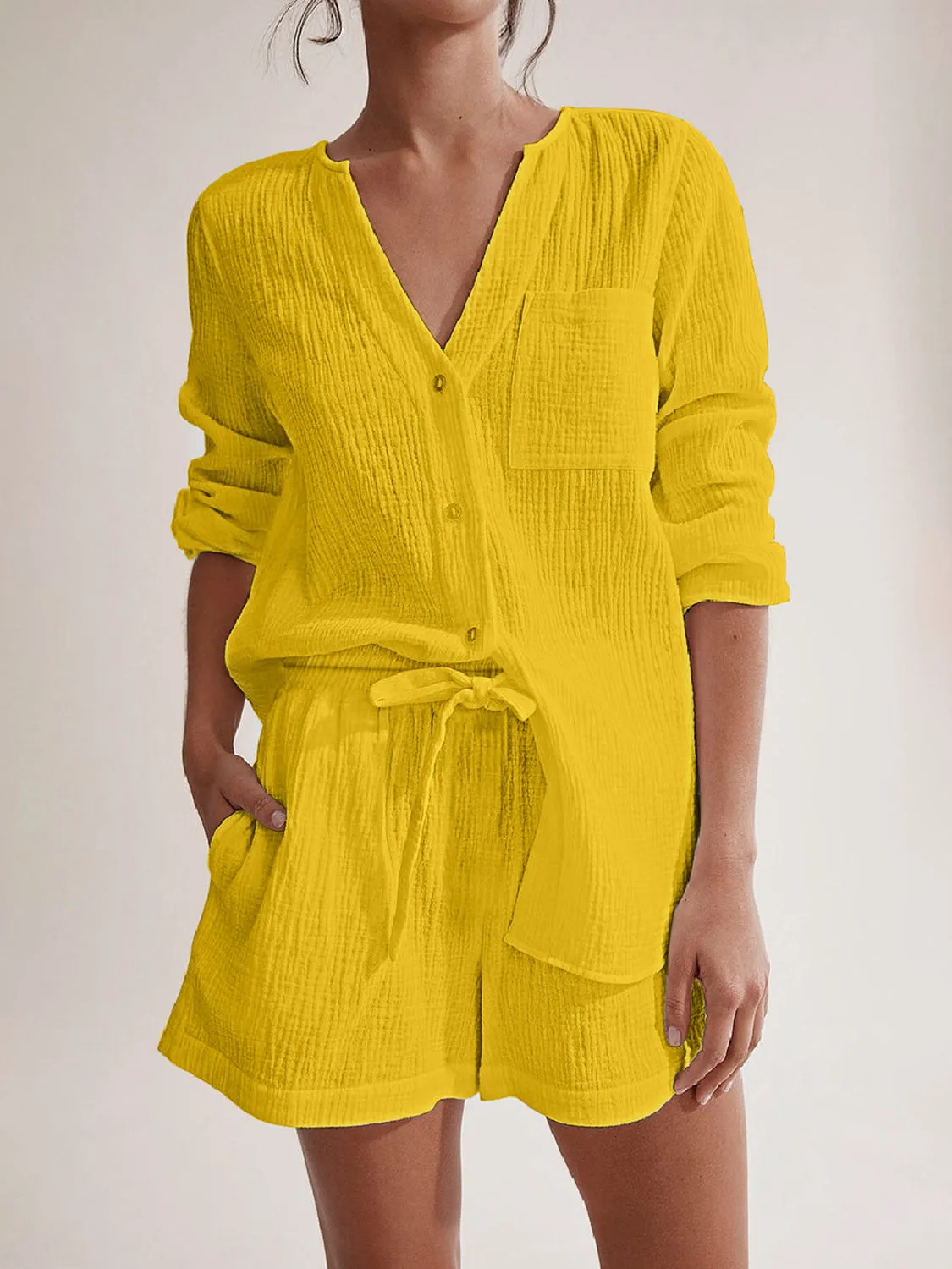 Steph Notched Long Sleeve Top and Shorts Set