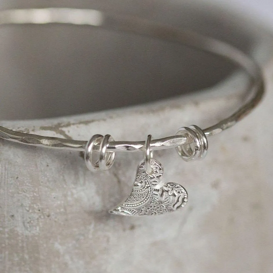 Sterling Silver Textured Tilted Heart Bangle