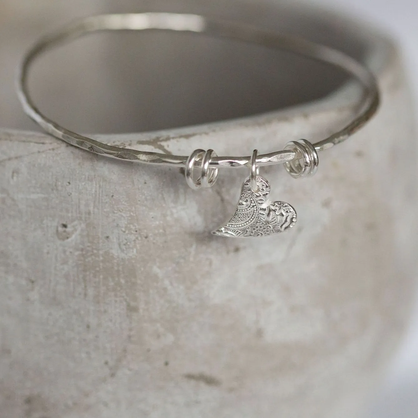Sterling Silver Textured Tilted Heart Bangle