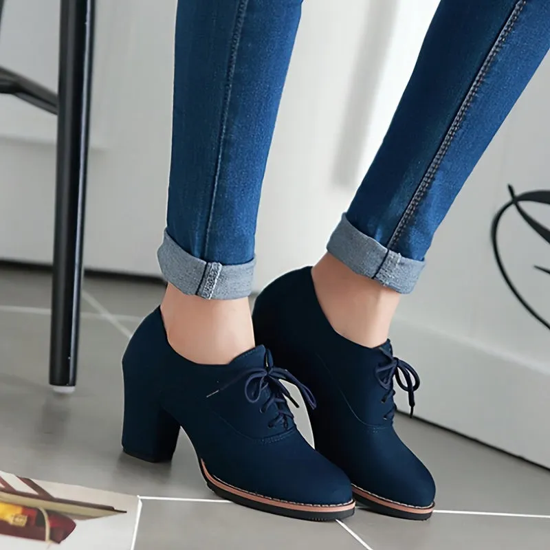 Stylish Comfy Lace-Up Round Toe Pumps - Solid Color Chunky Heel Office Shoes for Women - All-Match, Breathable, and Soft Insoles for Ultimate Comfort