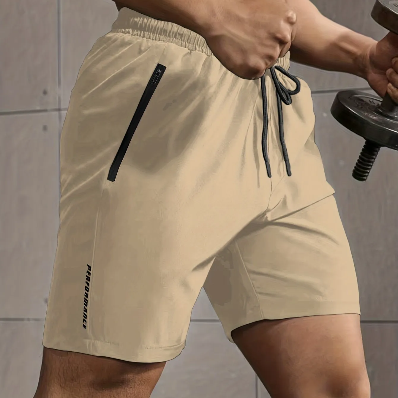 Super Thin Men's Casual Simple Style Comfy Shorts, PERFORMANCE Letter Print Home Pajamas Bottom With Zipper Pockets And Drawstrings, Men's Summer Outdoor Fitness Clothing