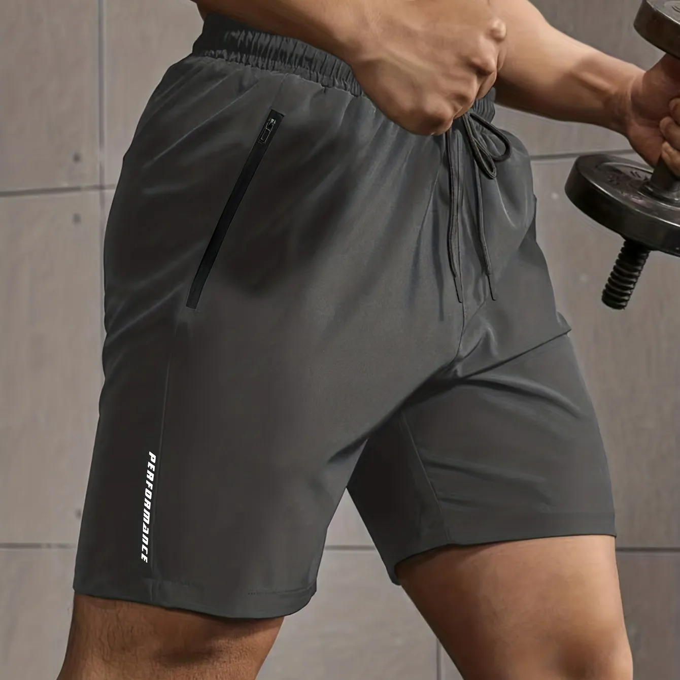 Super Thin Men's Casual Simple Style Comfy Shorts, PERFORMANCE Letter Print Home Pajamas Bottom With Zipper Pockets And Drawstrings, Men's Summer Outdoor Fitness Clothing