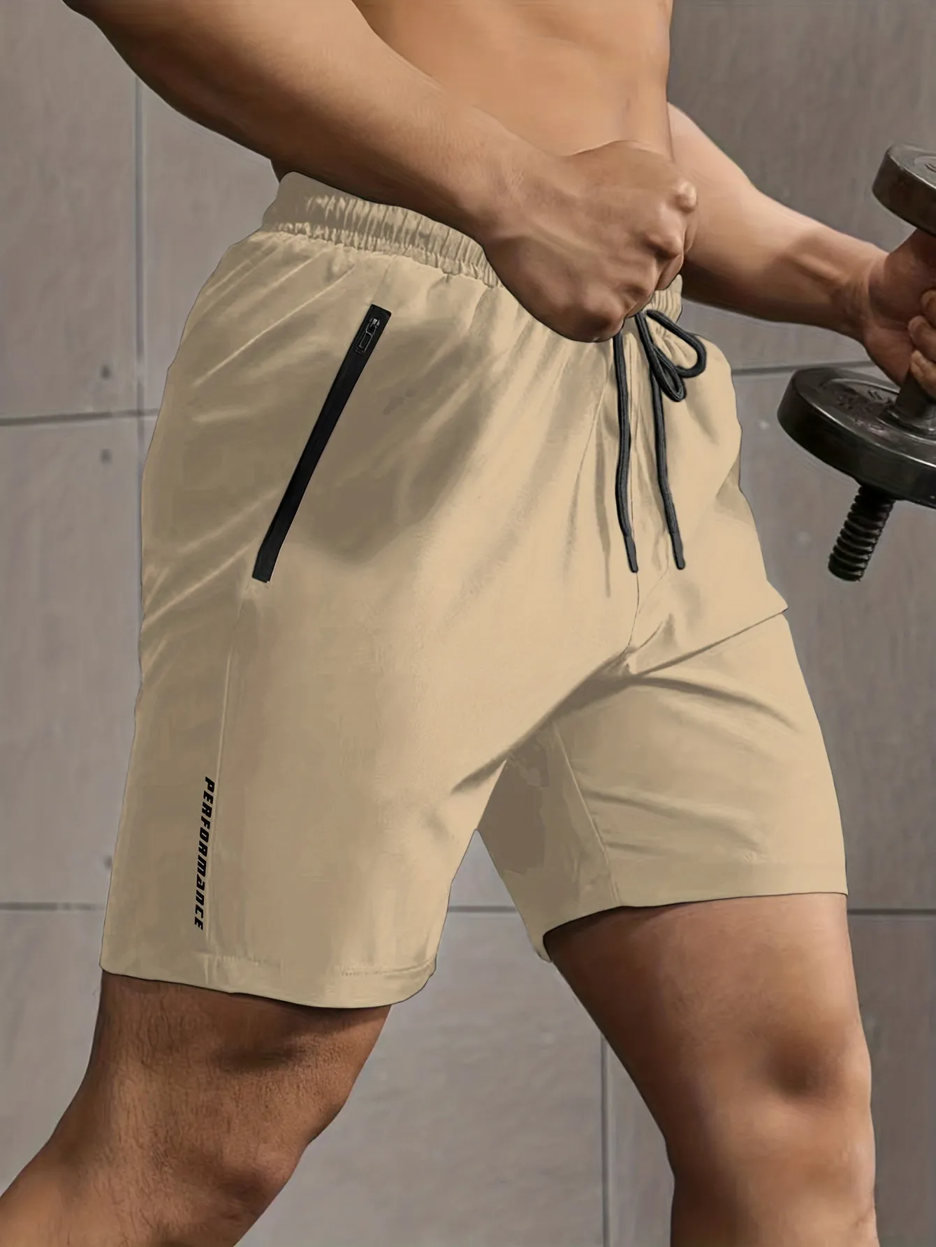 Super Thin Men's Casual Simple Style Comfy Shorts, PERFORMANCE Letter Print Home Pajamas Bottom With Zipper Pockets And Drawstrings, Men's Summer Outdoor Fitness Clothing
