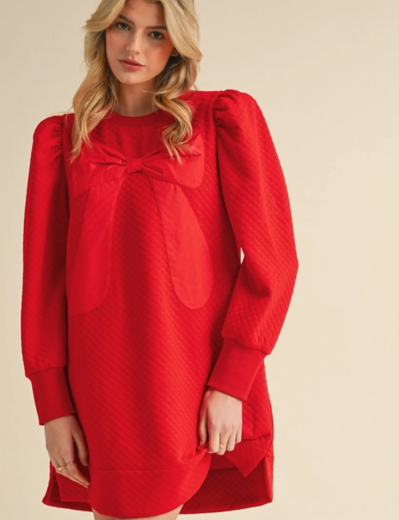Textured Bow Dress- Red