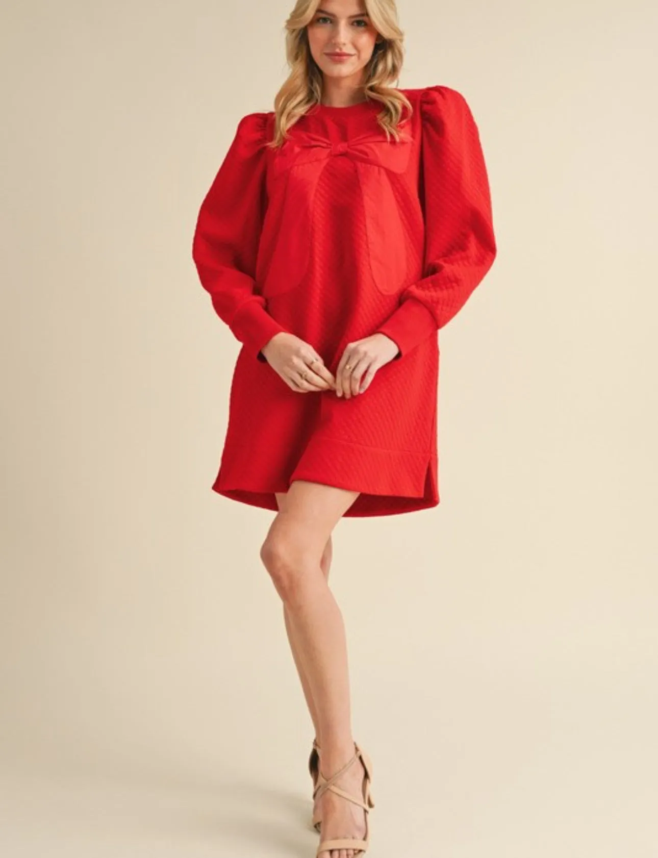 Textured Bow Dress- Red