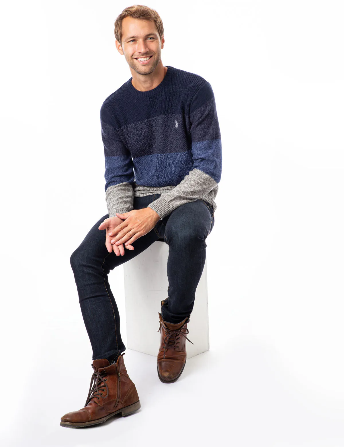 TEXTURED STRIPE CREW NECK SWEATER