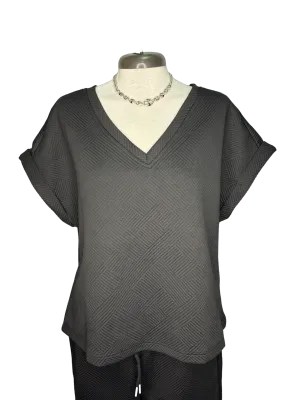 Textured V Neck Top Black