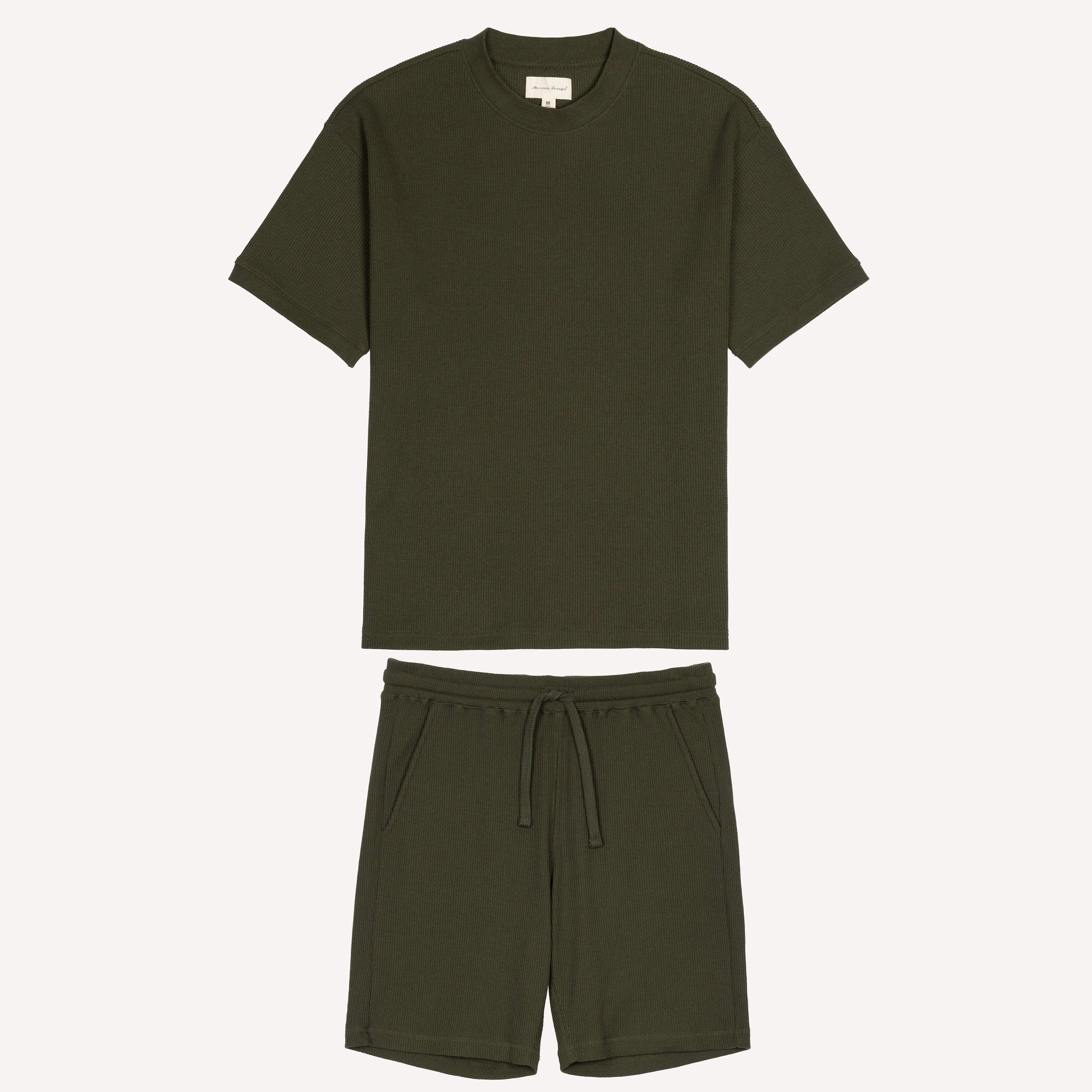 Thermal Waffle Knit Tee & Shorts Set - Dark Olive