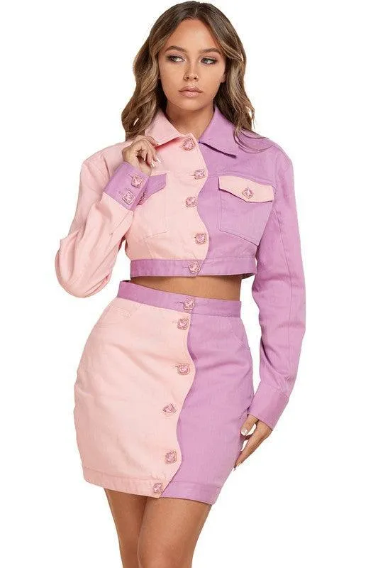 TWO TONE SKIRT SET WITH CROP JACKET