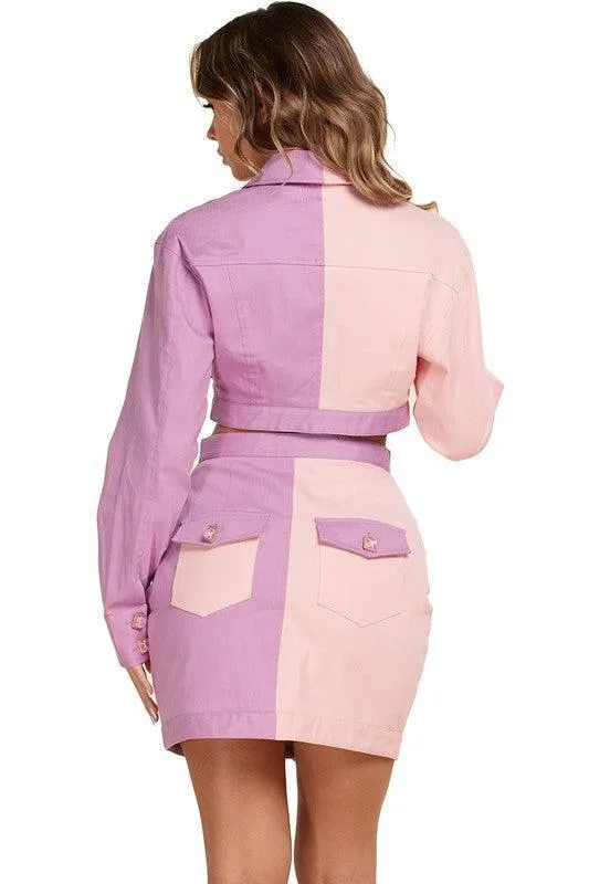 TWO TONE SKIRT SET WITH CROP JACKET