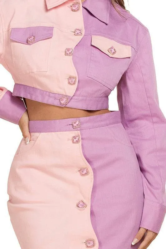 TWO TONE SKIRT SET WITH CROP JACKET