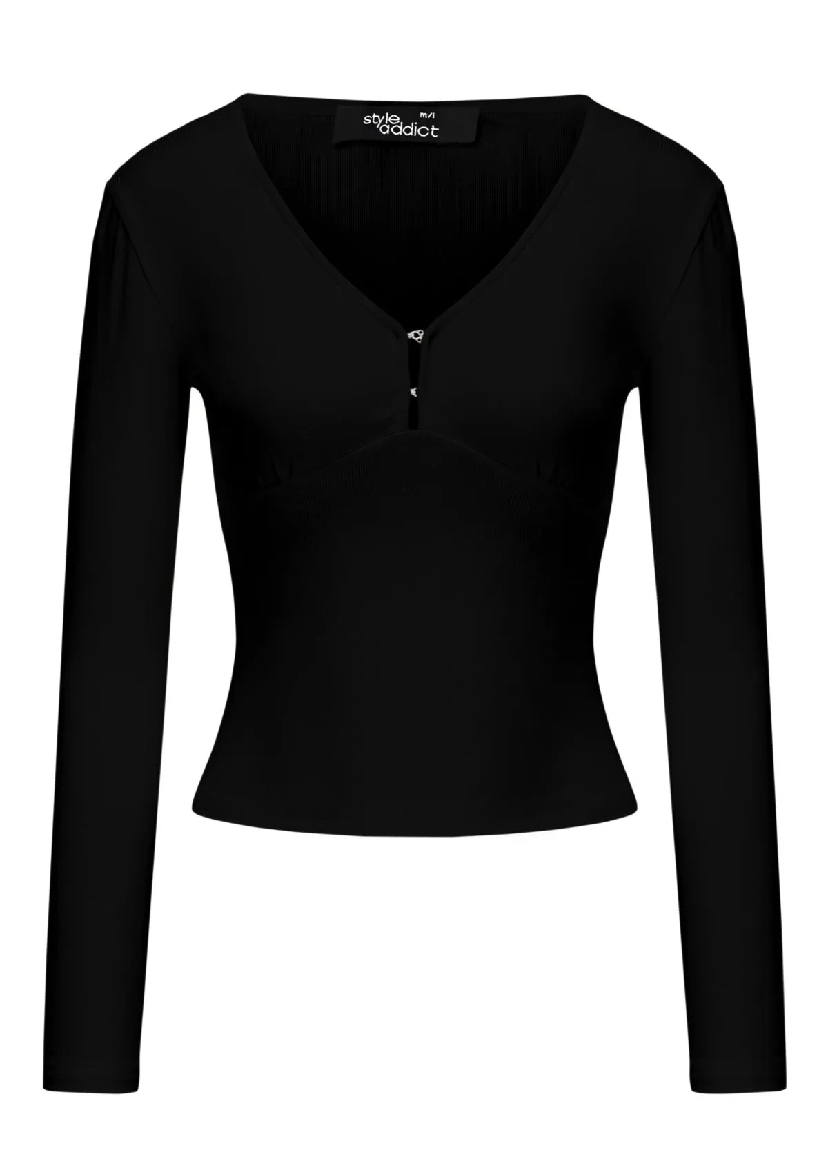 V Neck Long Sleeve Top - Black