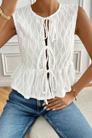 White Front Tie Textured Peplum Tank Top
