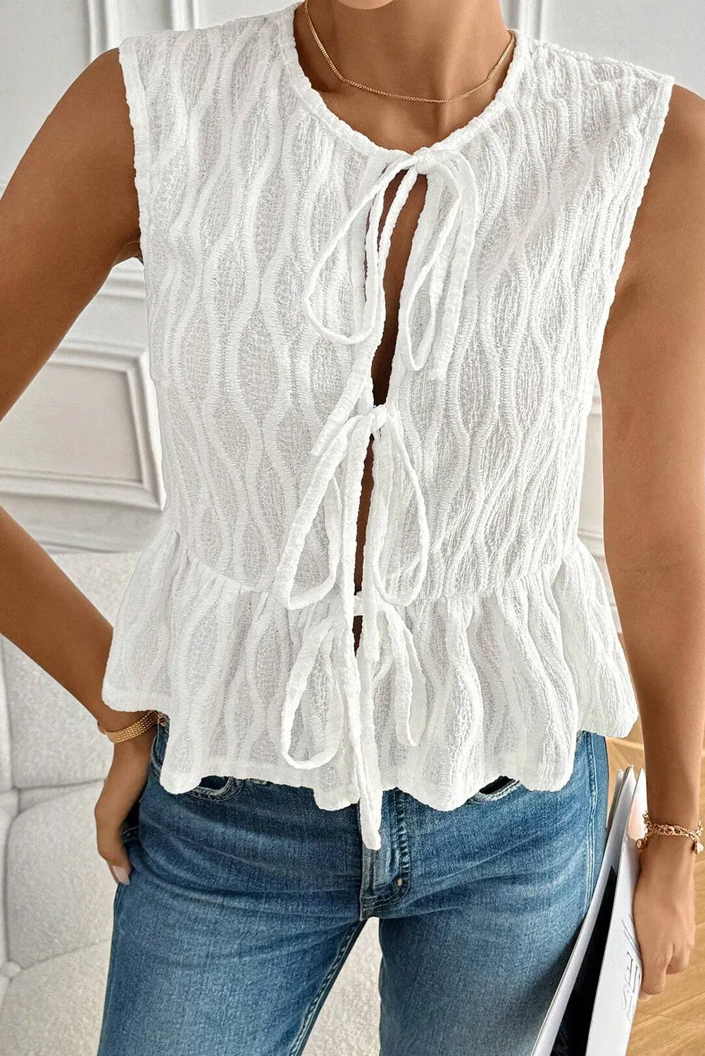 White Front Tie Textured Peplum Tank Top