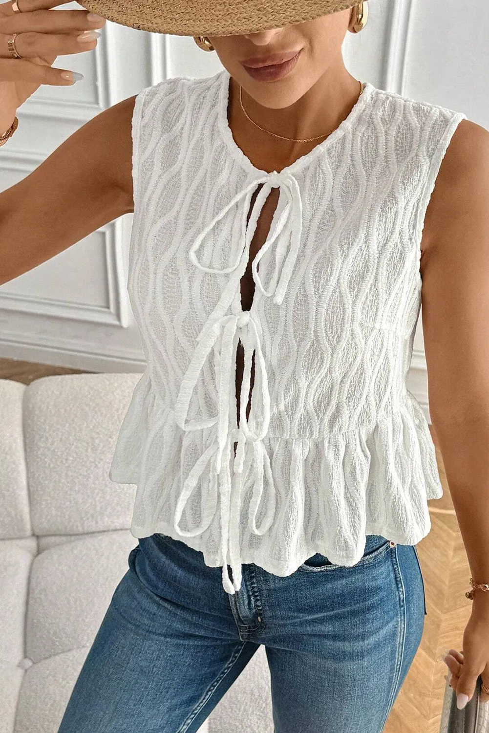 White Front Tie Textured Peplum Tank Top