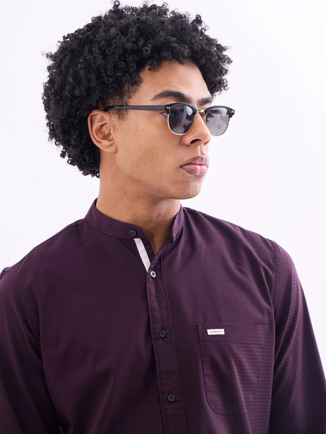 Wine Chinese Collar Slim Fit Shirt