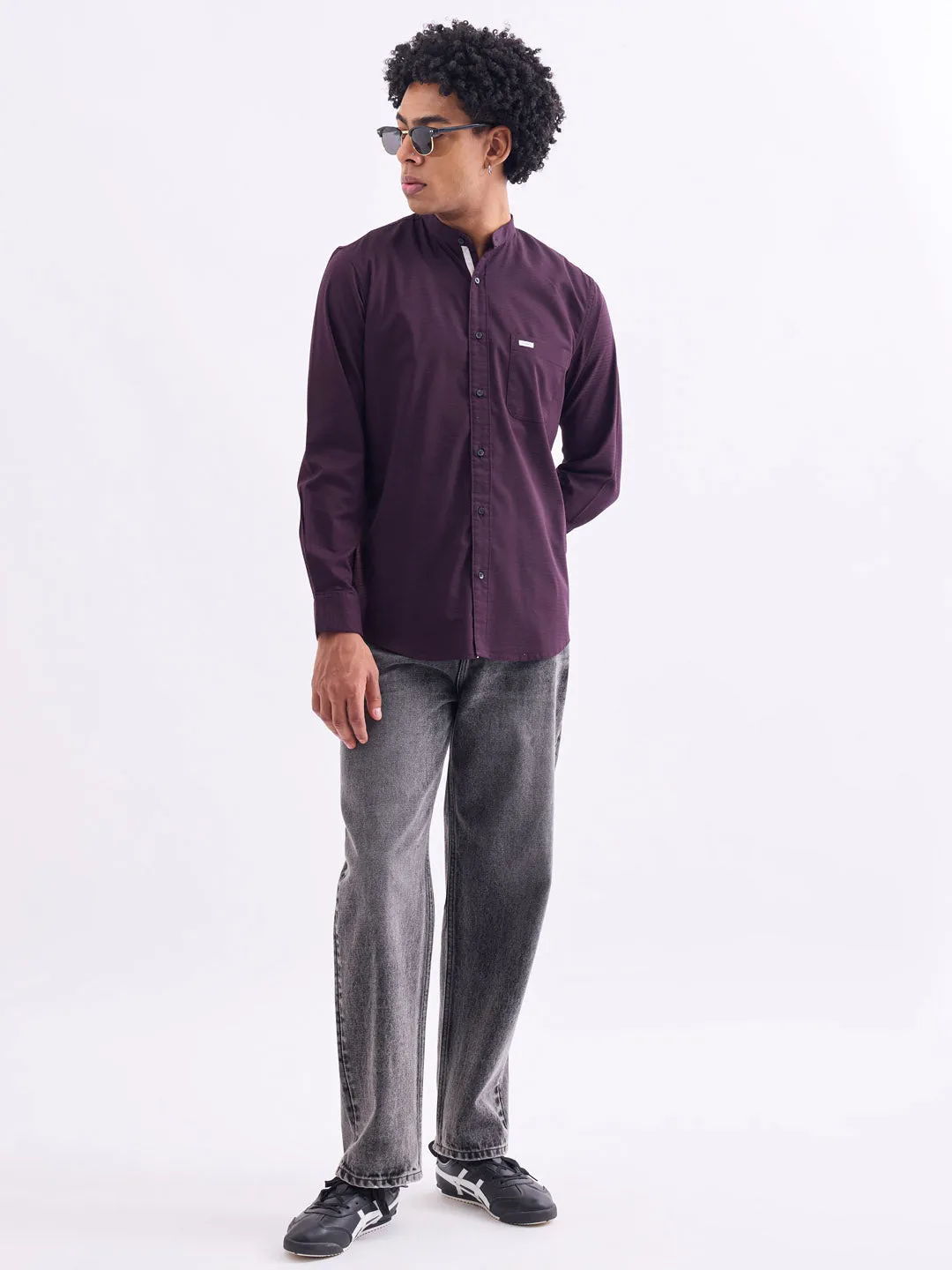 Wine Chinese Collar Slim Fit Shirt