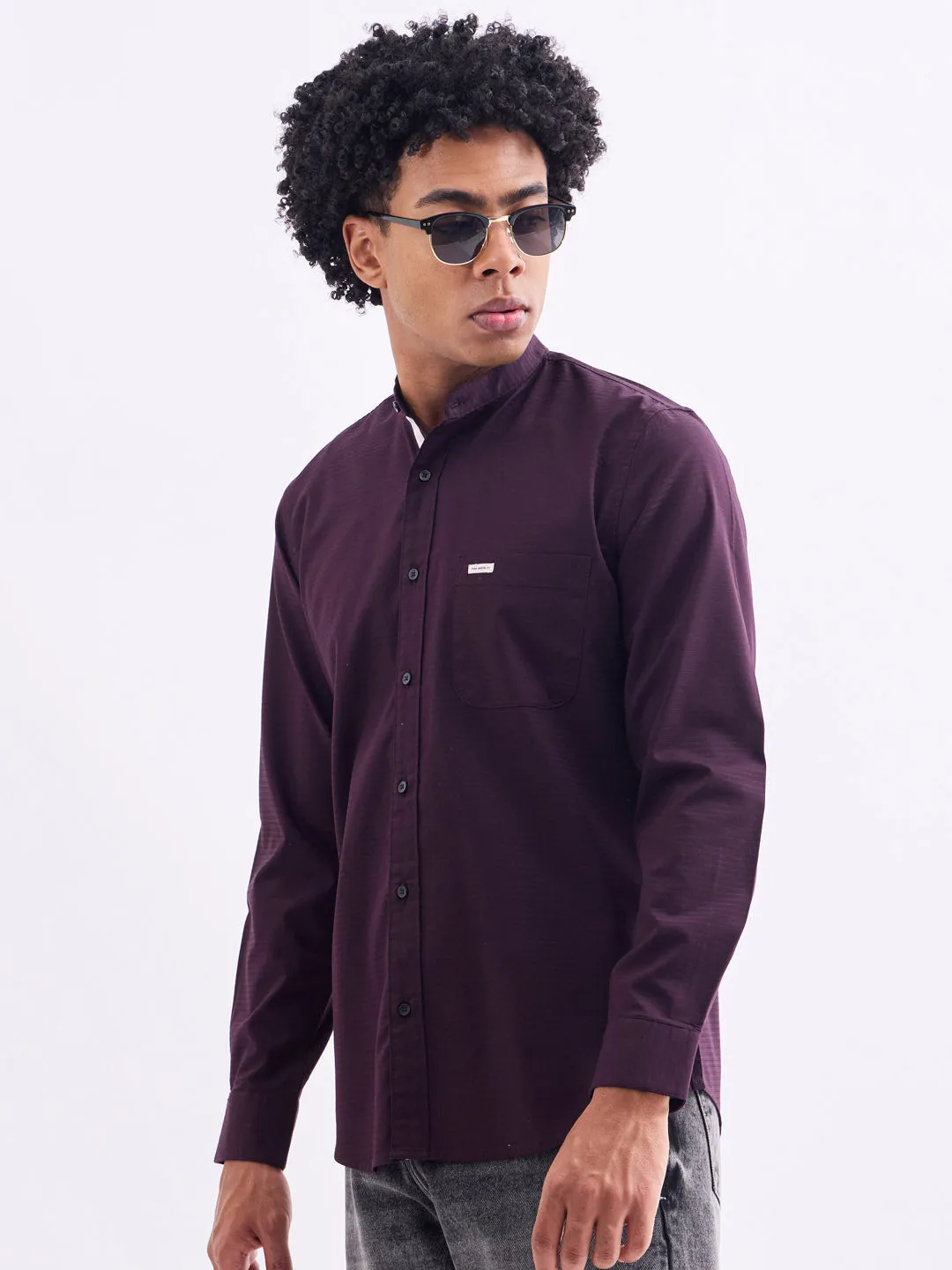 Wine Chinese Collar Slim Fit Shirt