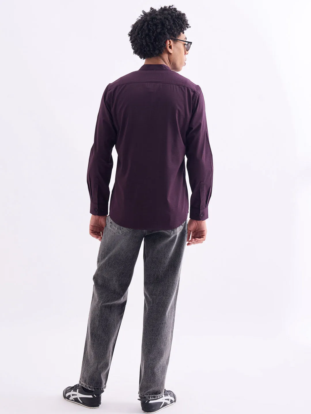 Wine Chinese Collar Slim Fit Shirt
