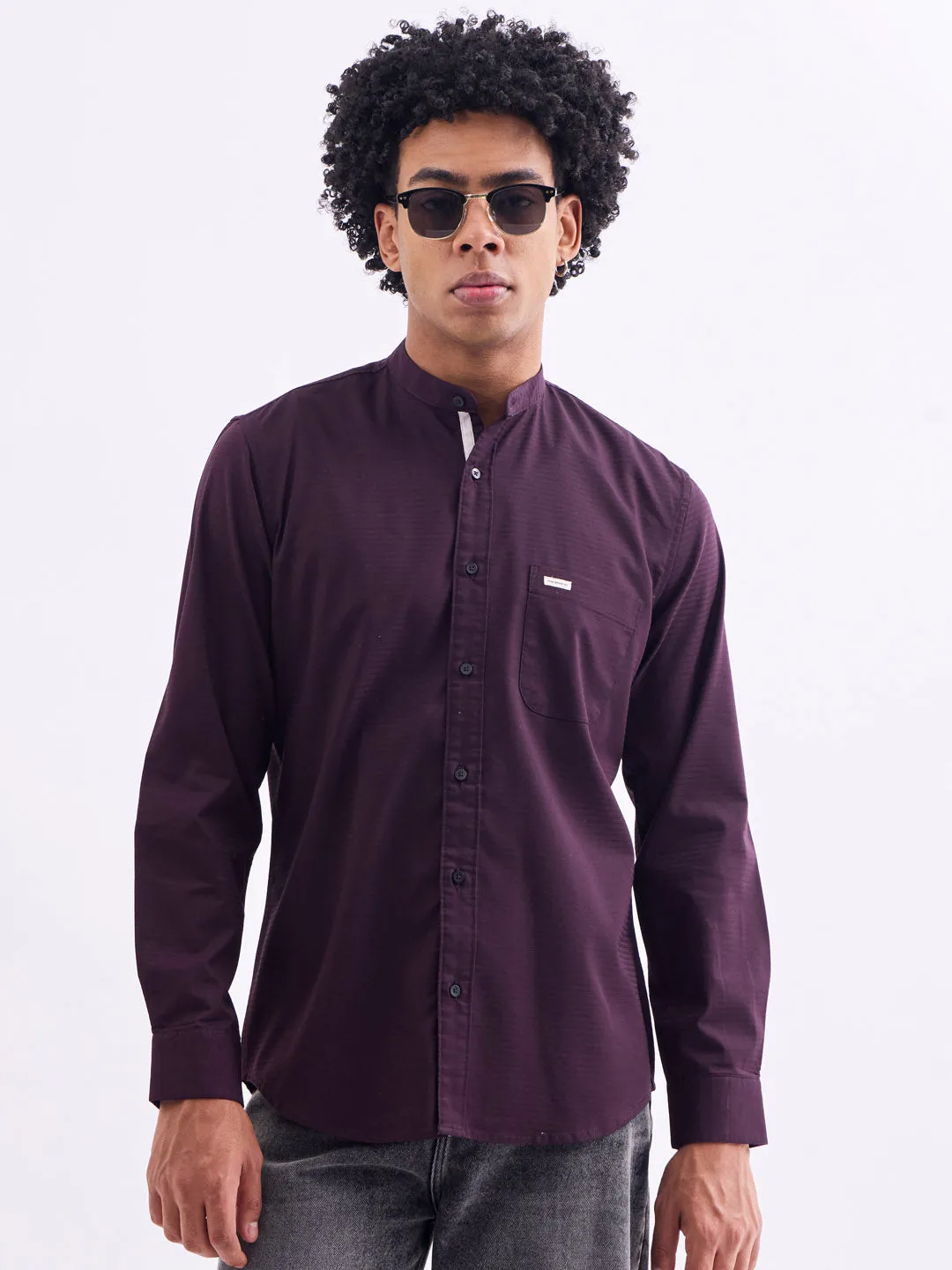 Wine Chinese Collar Slim Fit Shirt