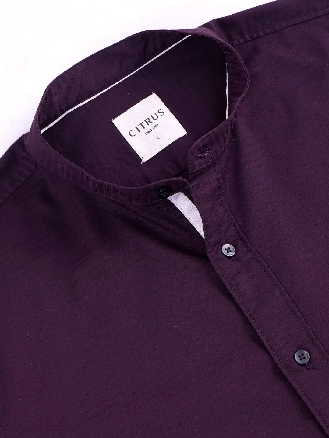 Wine Chinese Collar Slim Fit Shirt