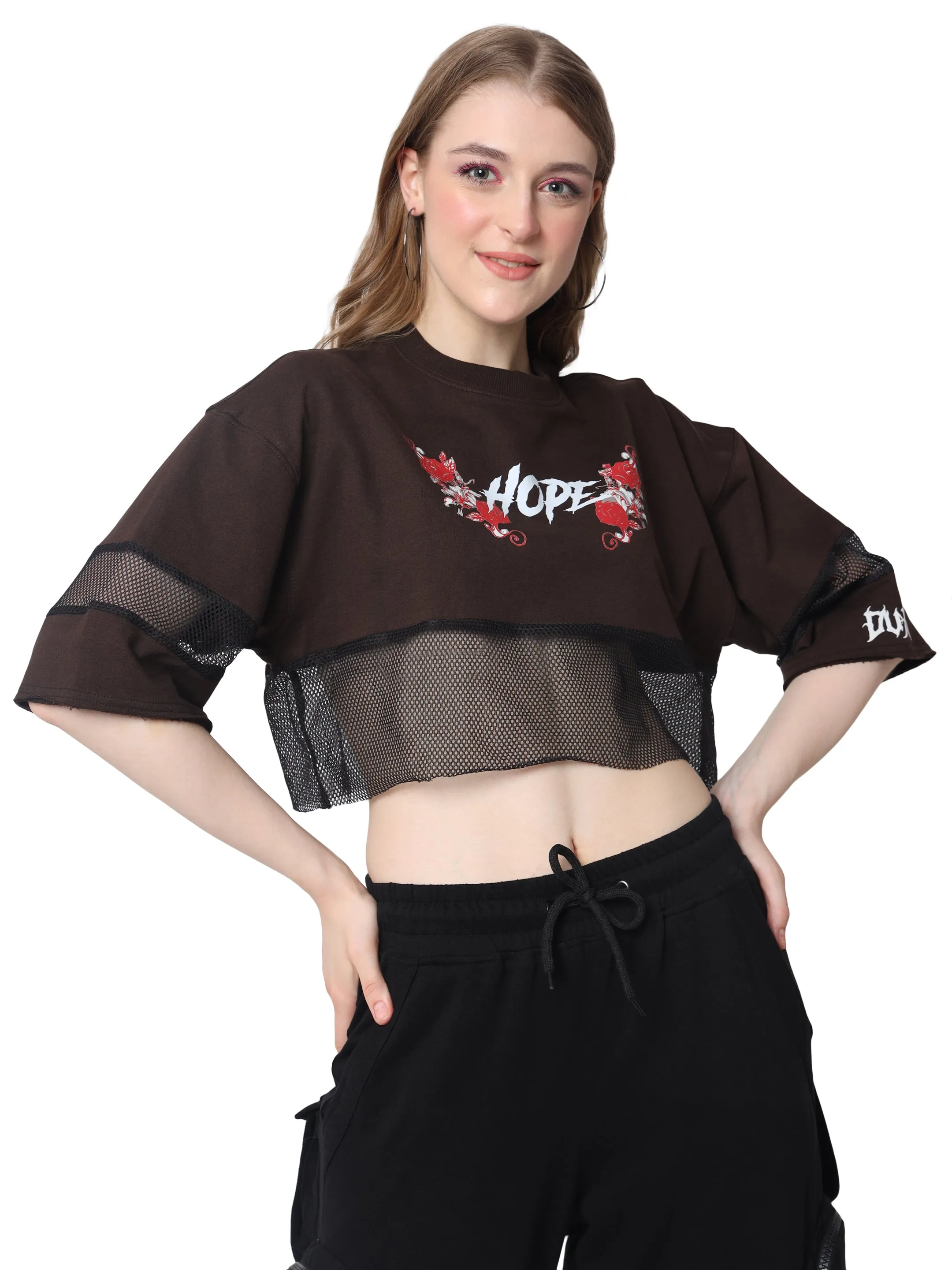 Women's Hope Oversized Cropped T-Shirts (Brown)