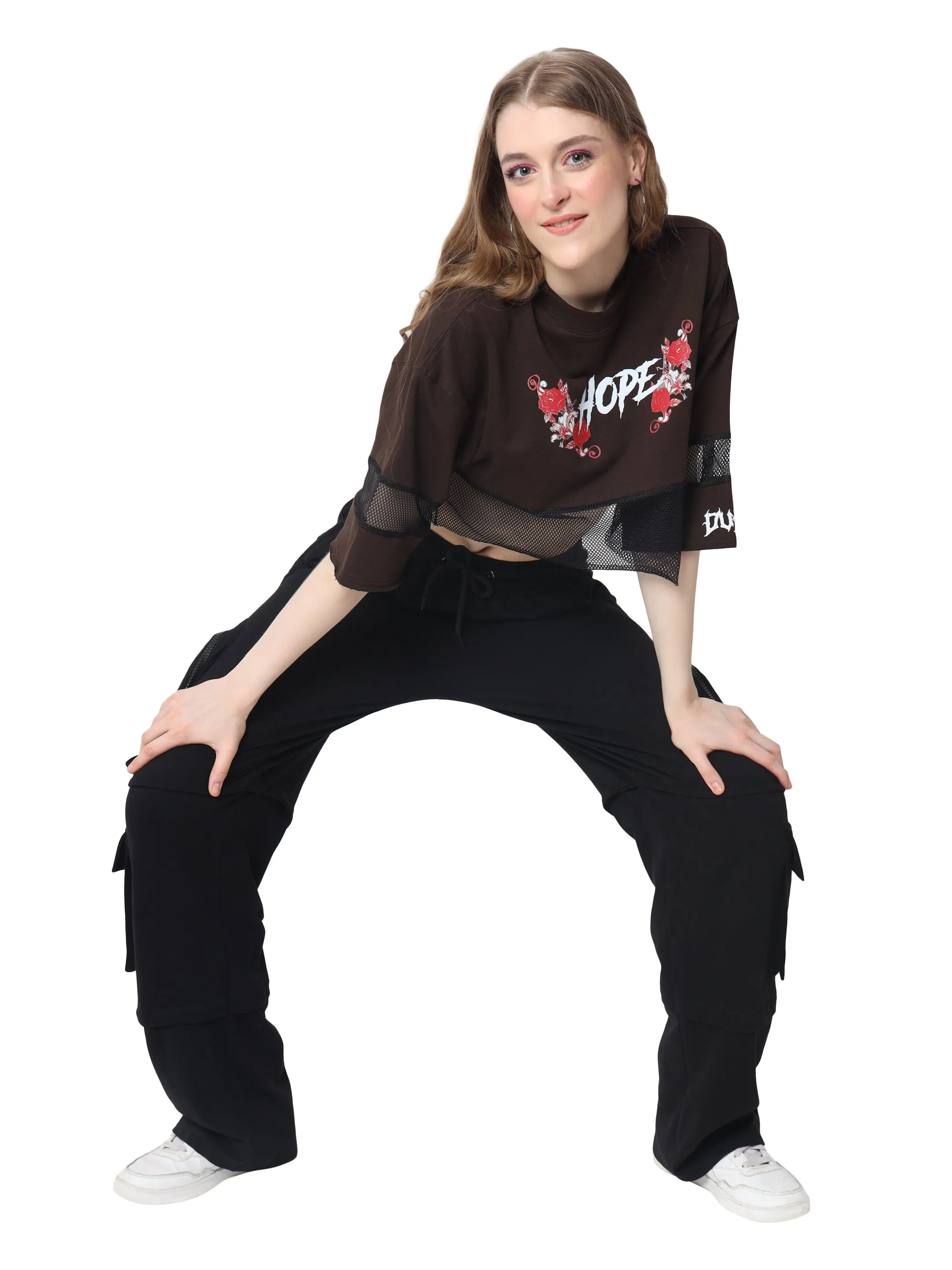 Women's Hope Oversized Cropped T-Shirts (Brown)