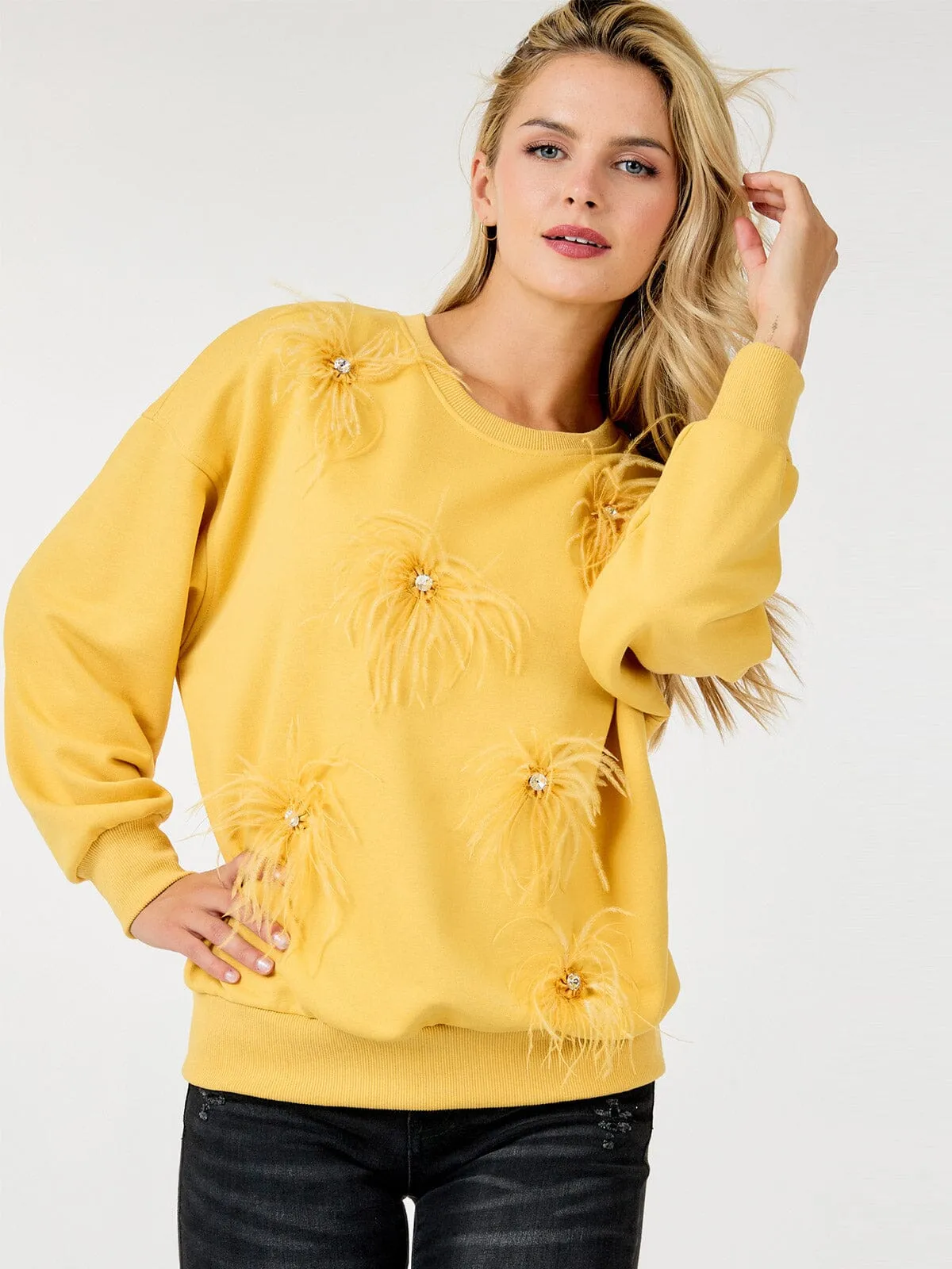 WOMEN'S LONG SLEEVES STUDS FEATHER DETAILED PULLOVER SWEATER