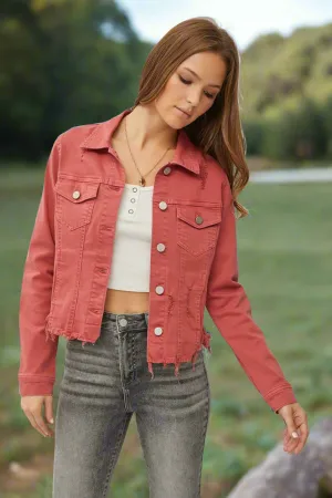 Women's RISEN Cropped Denim Jacket with Raw Hem and Button-Up Style