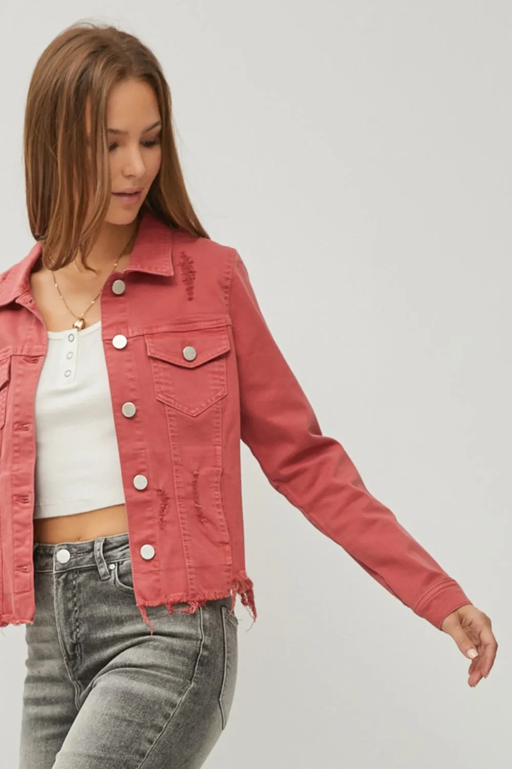 Women's RISEN Cropped Denim Jacket with Raw Hem and Button-Up Style