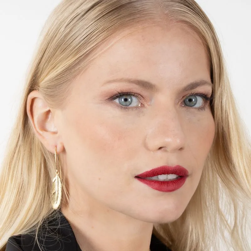 Yellow Gold Plated Drop Earrings long feather shape
