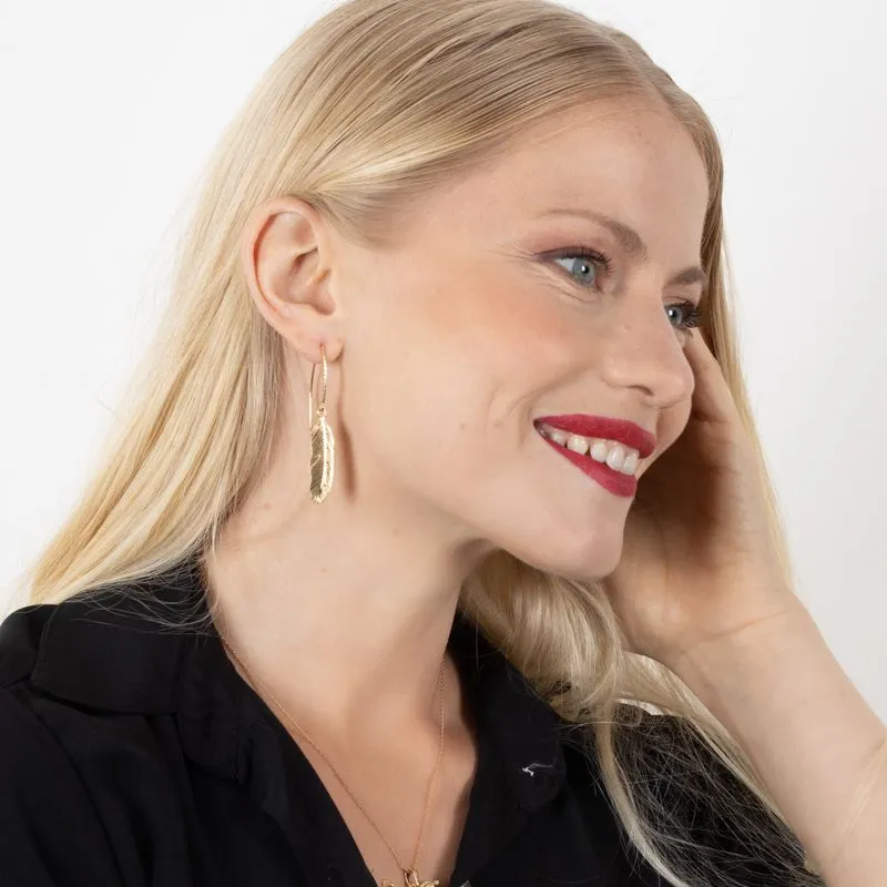 Yellow Gold Plated Drop Earrings long feather shape