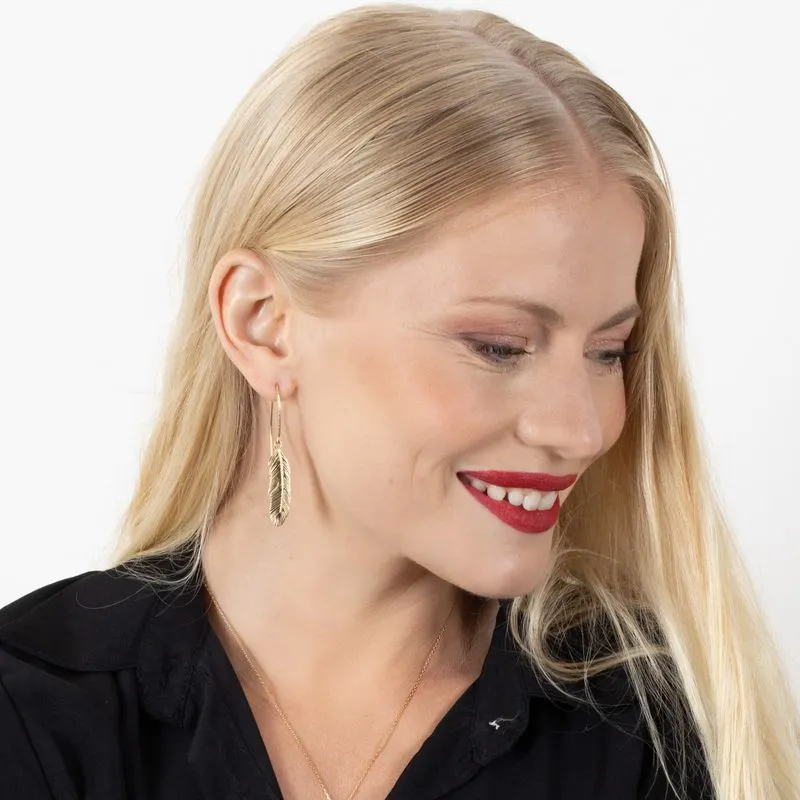 Yellow Gold Plated Drop Earrings long feather shape