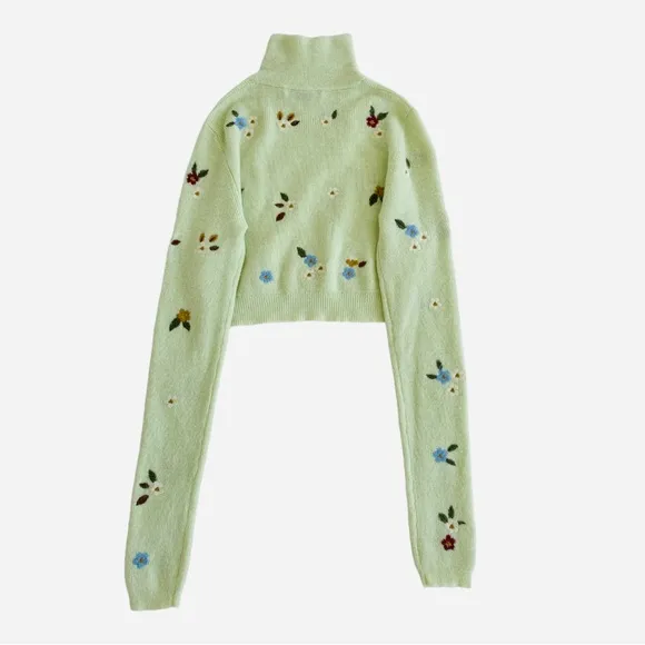 Zara Embroidered Cropped Sweater in Light Green