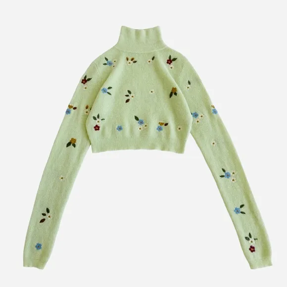 Zara Embroidered Cropped Sweater in Light Green