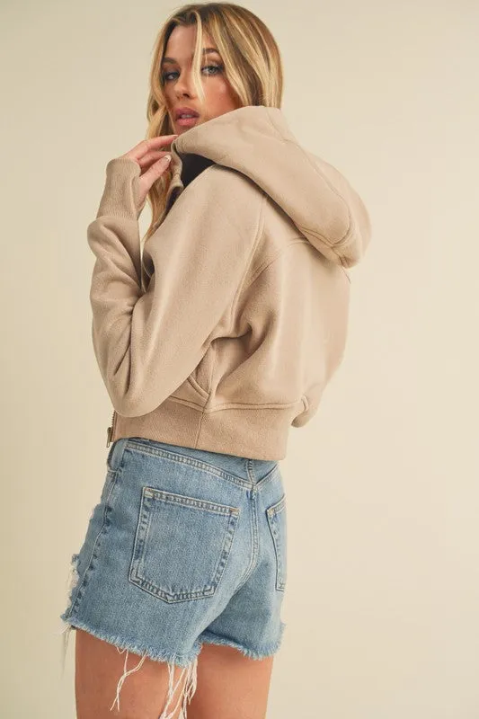 Zip Up Raglan Sleeve Cropped Hoodie